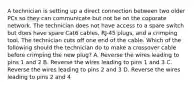 A technician is setting up a direct connection between two older PCs so they can communicate but not be on the coporate network. The technician does not have access to a spare switch but does have spare Cat6 cables, RJ-45 plugs, and a crimping tool. The technician cuts off one end of the cable. Which of the following should the technician do to make a crossover cable before crimping the new plug? A. Reverse the wires leading to pins 1 and 2 B. Reverse the wires leading to pins 1 and 3 C. Reverse the wires leading to pins 2 and 3 D. Reverse the wires leading to pins 2 and 4