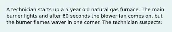 A technician starts up a 5 year old natural gas furnace. The main burner lights and after 60 seconds the blower fan comes on, but the burner flames waver in one corner. The technician suspects: