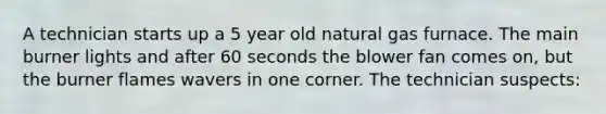 A technician starts up a 5 year old natural gas furnace. The main burner lights and after 60 seconds the blower fan comes on, but the burner flames wavers in one corner. The technician suspects: