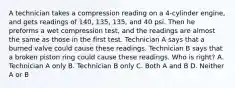 A technician takes a compression reading on a 4-cylinder engine, and gets readings of 140, 135, 135, and 40 psi. Then he preforms a wet compression test, and the readings are almost the same as those in the first test. Technician A says that a burned valve could cause these readings. Technician B says that a broken piston ring could cause these readings. Who is right? A. Technician A only B. Technician B only C. Both A and B D. Neither A or B