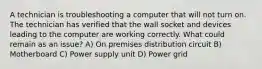 A technician is troubleshooting a computer that will not turn on. The technician has verified that the wall socket and devices leading to the computer are working correctly. What could remain as an issue? A) On premises distribution circuit B) Motherboard C) Power supply unit D) Power grid