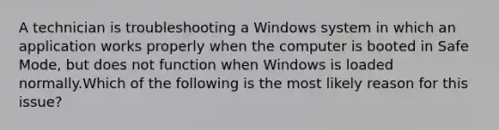 A technician is troubleshooting a Windows system in which an application works properly when the computer is booted in Safe Mode, but does not function when Windows is loaded normally.Which of the following is the most likely reason for this issue?