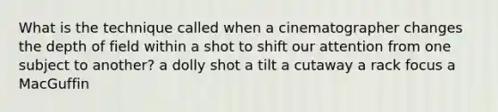 What is the technique called when a cinematographer changes the depth of field within a shot to shift our attention from one subject to another? a dolly shot a tilt a cutaway a rack focus a MacGuffin