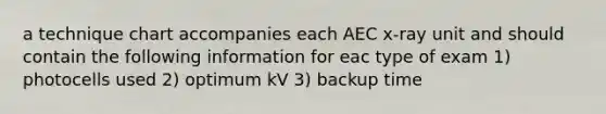 a technique chart accompanies each AEC x-ray unit and should contain the following information for eac type of exam 1) photocells used 2) optimum kV 3) backup time