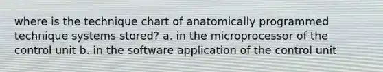 where is the technique chart of anatomically programmed technique systems stored? a. in the microprocessor of the control unit b. in the software application of the control unit