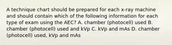 A technique chart should be prepared for each x-ray machine and should contain which of the following information for each type of exam using the AEC? A. chamber (photocell) used B. chamber (photocell) used and kVp C. kVp and mAs D. chamber (photocell) used, kVp and mAs