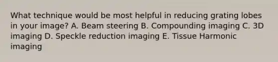 What technique would be most helpful in reducing grating lobes in your image? A. Beam steering B. Compounding imaging C. 3D imaging D. Speckle reduction imaging E. Tissue Harmonic imaging