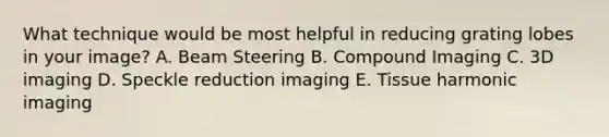 What technique would be most helpful in reducing grating lobes in your image? A. Beam Steering B. Compound Imaging C. 3D imaging D. Speckle reduction imaging E. Tissue harmonic imaging