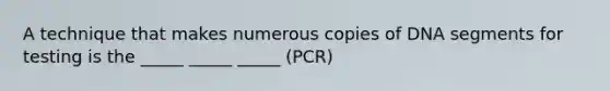 A technique that makes numerous copies of DNA segments for testing is the _____ _____ _____ (PCR)