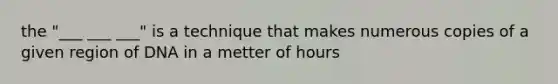 the "___ ___ ___" is a technique that makes numerous copies of a given region of DNA in a metter of hours