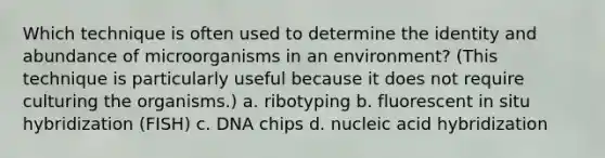 Which technique is often used to determine the identity and abundance of microorganisms in an environment? (This technique is particularly useful because it does not require culturing the organisms.) a. ribotyping b. fluorescent in situ hybridization (FISH) c. DNA chips d. nucleic acid hybridization