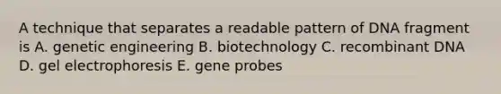 A technique that separates a readable pattern of DNA fragment is A. genetic engineering B. biotechnology C. recombinant DNA D. gel electrophoresis E. gene probes