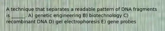 A technique that separates a readable pattern of DNA fragments is ______. A) genetic engineering B) biotechnology C) recombinant DNA D) gel electrophoresis E) gene probes