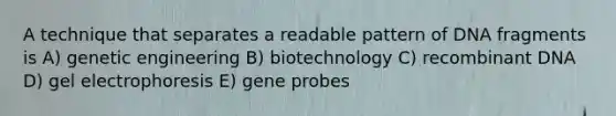 A technique that separates a readable pattern of DNA fragments is A) genetic engineering B) biotechnology C) recombinant DNA D) gel electrophoresis E) gene probes