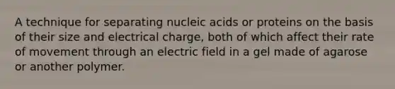 A technique for separating nucleic acids or proteins on the basis of their size and electrical charge, both of which affect their rate of movement through an electric field in a gel made of agarose or another polymer.