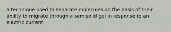 a technique used to separate molecules on the basis of their ability to migrate through a semisolid gel in response to an electric current