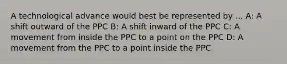 A technological advance would best be represented by ... A: A shift outward of the PPC B: A shift inward of the PPC C: A movement from inside the PPC to a point on the PPC D: A movement from the PPC to a point inside the PPC