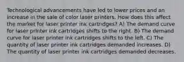 Technological advancements have led to lower prices and an increase in the sale of color laser printers. How does this affect the market for laser printer ink cartridges? A) The demand curve for laser printer ink cartridges shifts to the right. B) The demand curve for laser printer ink cartridges shifts to the left. C) The quantity of laser printer ink cartridges demanded increases. D) The quantity of laser printer ink cartridges demanded decreases.