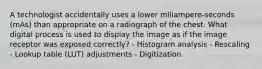 A technologist accidentally uses a lower mlliampere-seconds (mAs) than appropriate on a radiograph of the chest. What digital process is used to display the image as if the image receptor was exposed correctly? - Histogram analysis - Rescaling - Lookup table (LUT) adjustments - Digitization