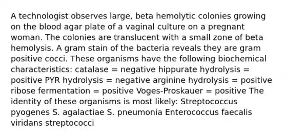 A technologist observes large, beta hemolytic colonies growing on the blood agar plate of a vaginal culture on a pregnant woman. The colonies are translucent with a small zone of beta hemolysis. A gram stain of the bacteria reveals they are gram positive cocci. These organisms have the following biochemical characteristics: catalase = negative hippurate hydrolysis = positive PYR hydrolysis = negative arginine hydrolysis = positive ribose fermentation = positive Voges-Proskauer = positive The identity of these organisms is most likely: Streptococcus pyogenes S. agalactiae S. pneumonia Enterococcus faecalis viridans streptococci