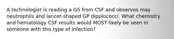 A technologist is reading a GS from CSF and observes may neutrophils and lancet-shaped GP dipplococci. What chemistry and hematology CSF results would MOST likely be seen in someone with this type of infection?