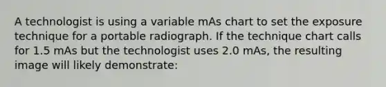 A technologist is using a variable mAs chart to set the exposure technique for a portable radiograph. If the technique chart calls for 1.5 mAs but the technologist uses 2.0 mAs, the resulting image will likely demonstrate: