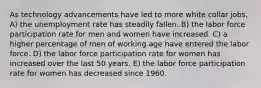 As technology advancements have led to more white collar jobs, A) the unemployment rate has steadily fallen. B) the labor force participation rate for men and women have increased. C) a higher percentage of men of working age have entered the labor force. D) the labor force participation rate for women has increased over the last 50 years. E) the labor force participation rate for women has decreased since 1960.