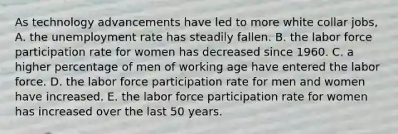 As technology advancements have led to more white collar​ jobs, A. the unemployment rate has steadily fallen. B. the labor force participation rate for women has decreased since 1960. C. a higher percentage of men of working age have entered the labor force. D. the labor force participation rate for men and women have increased. E. the labor force participation rate for women has increased over the last 50 years.