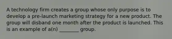 A technology firm creates a group whose only purpose is to develop a pre-launch marketing strategy for a new product. The group will disband one month after the product is launched. This is an example of a(n) ________ group.