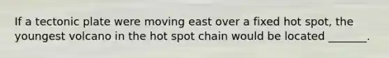 If a tectonic plate were moving east over a fixed hot spot, the youngest volcano in the hot spot chain would be located _______.