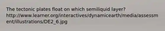 The tectonic plates float on which semiliquid layer? http://www.learner.org/interactives/dynamicearth/media/assessment/illustrations/DE2_6.jpg