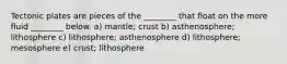 Tectonic plates are pieces of the ________ that float on the more fluid ________ below. a) mantle; crust b) asthenosphere; lithosphere c) lithosphere; asthenosphere d) lithosphere; mesosphere e) crust; lithosphere