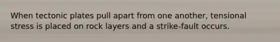 When tectonic plates pull apart from one another, tensional stress is placed on rock layers and a strike-fault occurs.