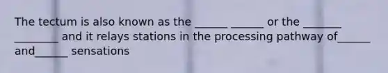 The tectum is also known as the ______ ______ or the _______ ________ and it relays stations in the processing pathway of______ and______ sensations