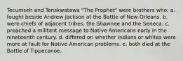 Tecumseh and Tenskwatawa "The Prophet" were brothers who: a. fought beside Andrew Jackson at the Battle of New Orleans. b. were chiefs of adjacent tribes, the Shawnee and the Seneca. c. preached a militant message to Native Americans early in the nineteenth century. d. differed on whether Indians or whites were more at fault for Native American problems. e. both died at the Battle of Tippecanoe.