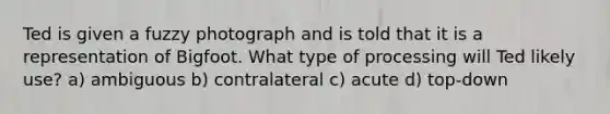 Ted is given a fuzzy photograph and is told that it is a representation of Bigfoot. What type of processing will Ted likely use? a) ambiguous b) contralateral c) acute d) top-down