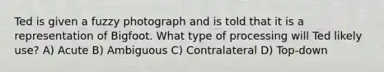 Ted is given a fuzzy photograph and is told that it is a representation of Bigfoot. What type of processing will Ted likely use? A) Acute B) Ambiguous C) Contralateral D) Top-down