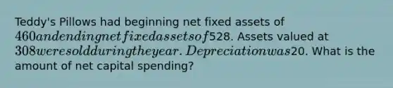 Teddy's Pillows had beginning net fixed assets of 460 and ending net fixed assets of528. Assets valued at 308 were sold during the year. Depreciation was20. What is the amount of net capital spending?