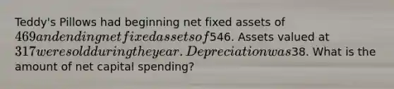 Teddy's Pillows had beginning net fixed assets of 469 and ending net fixed assets of546. Assets valued at 317 were sold during the year. Depreciation was38. What is the amount of net capital spending?