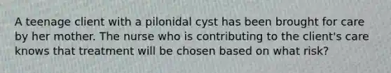 A teenage client with a pilonidal cyst has been brought for care by her mother. The nurse who is contributing to the client's care knows that treatment will be chosen based on what risk?