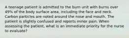 A teenage patient is admitted to the burn unit with burns over 49% of the body surface area, including the face and neck. Carbon particles are noted around the nose and mouth. The patient is slightly confused and reports minor pain. When assessing the patient, what is an immediate priority for the nurse to evaluate?