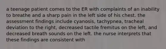 a teenage patient comes to the ER with complaints of an inability to breathe and a sharp pain in the left side of his chest. the assessment findings include cyanosis, tachypnea, tracheal deviation to the right, decreased tactile fremitus on the left, and decreased breath sounds on the left. the nurse interprets that these findings are consistent with