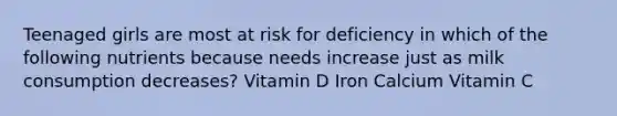 Teenaged girls are most at risk for deficiency in which of the following nutrients because needs increase just as milk consumption decreases? Vitamin D Iron Calcium Vitamin C