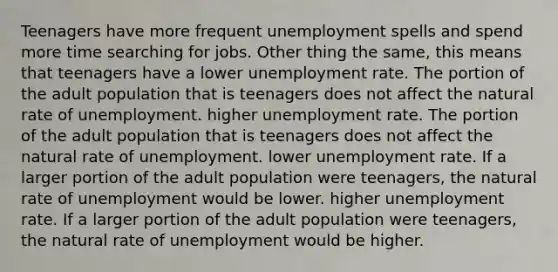 Teenagers have more frequent unemployment spells and spend more time searching for jobs. Other thing the same, this means that teenagers have a lower unemployment rate. The portion of the adult population that is teenagers does not affect the natural rate of unemployment. higher unemployment rate. The portion of the adult population that is teenagers does not affect the natural rate of unemployment. lower unemployment rate. If a larger portion of the adult population were teenagers, the natural rate of unemployment would be lower. higher unemployment rate. If a larger portion of the adult population were teenagers, the natural rate of unemployment would be higher.