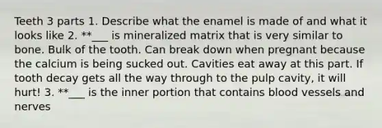 Teeth 3 parts 1. Describe what the enamel is made of and what it looks like 2. **___ is mineralized matrix that is very similar to bone. Bulk of the tooth. Can break down when pregnant because the calcium is being sucked out. Cavities eat away at this part. If tooth decay gets all the way through to the pulp cavity, it will hurt! 3. **___ is the inner portion that contains blood vessels and nerves