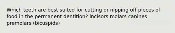 Which teeth are best suited for cutting or nipping off pieces of food in the permanent dentition? incisors molars canines premolars (bicuspids)