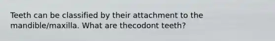 Teeth can be classified by their attachment to the mandible/maxilla. What are thecodont teeth?