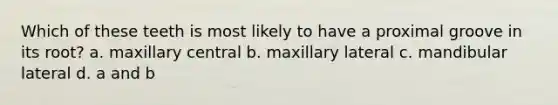 Which of these teeth is most likely to have a proximal groove in its root? a. maxillary central b. maxillary lateral c. mandibular lateral d. a and b