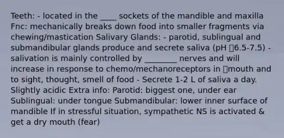 Teeth: - located in the ____ sockets of the mandible and maxilla Fnc: mechanically breaks down food into smaller fragments via chewing/mastication Salivary Glands: - parotid, sublingual and submandibular glands produce and secrete saliva (pH 6.5-7.5) - salivation is mainly controlled by ________ nerves and will increase in response to chemo/mechanoreceptors in mouth and to sight, thought, smell of food - Secrete 1-2 L of saliva a day. Slightly acidic Extra info: Parotid: biggest one, under ear Sublingual: under tongue Submandibular: lower inner surface of mandible If in stressful situation, sympathetic NS is activated & get a dry mouth (fear)