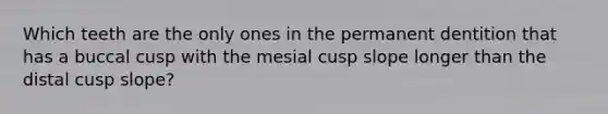 Which teeth are the only ones in the permanent dentition that has a buccal cusp with the mesial cusp slope longer than the distal cusp slope?